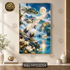 Tranh tráng gương Hạc tiên 003 dọc phong cảnh hồ sen trang trí phòng khách