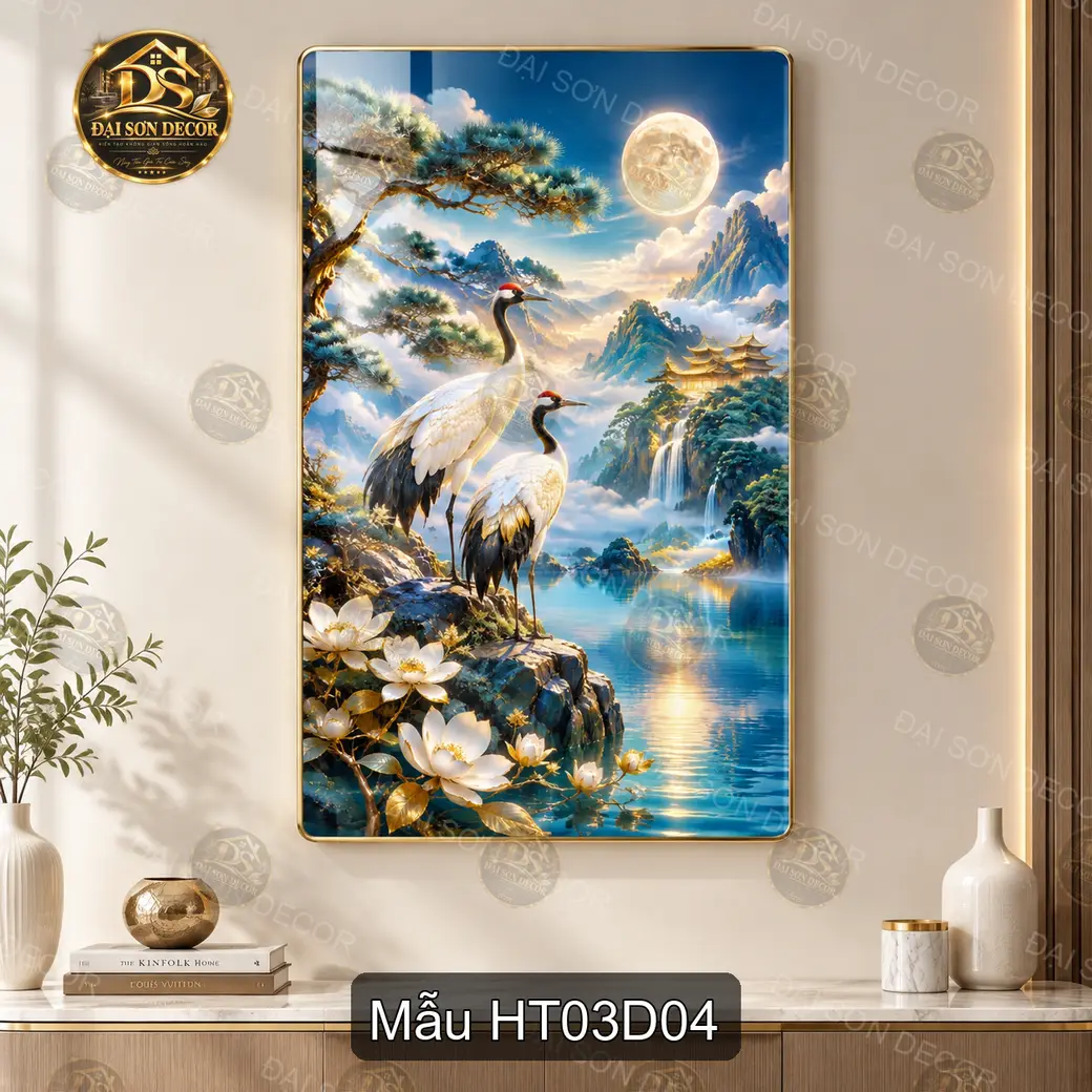 Tranh tráng gương Hạc tiên 003 dọc phong cảnh hồ sen trang trí phòng khách
