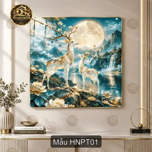 Tranh tráng gương hươu nai phong thủy trang trí phòng khách mẫu HNPT01