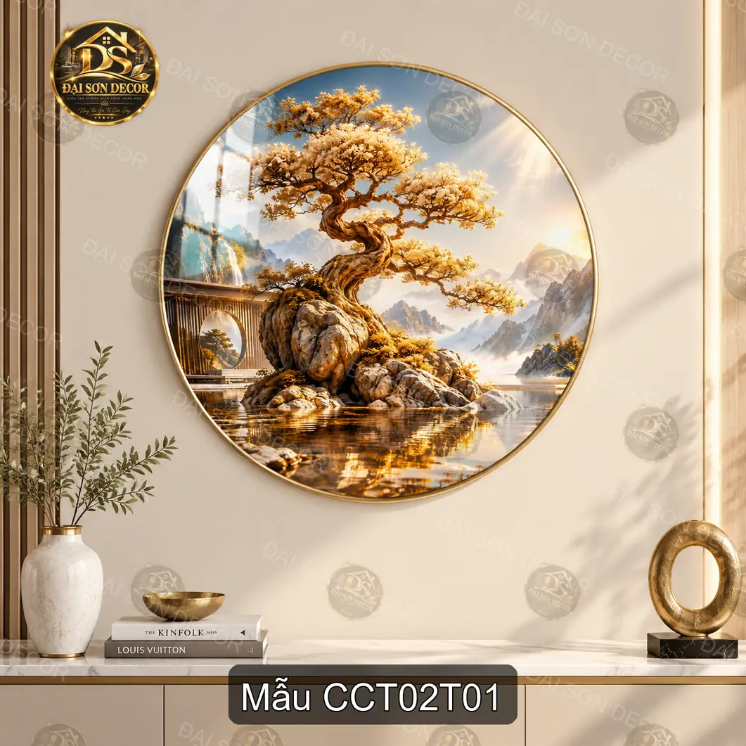 Tranh tráng gương tròn Cây cổ thụ 002 nghệ thuật decor phòng khách sang trọng