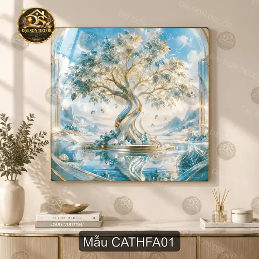 Tranh tráng gương Cây thần fantasy phong cảnh núi hồ decor phòng khách quà tặng mẫu CATHFA01
