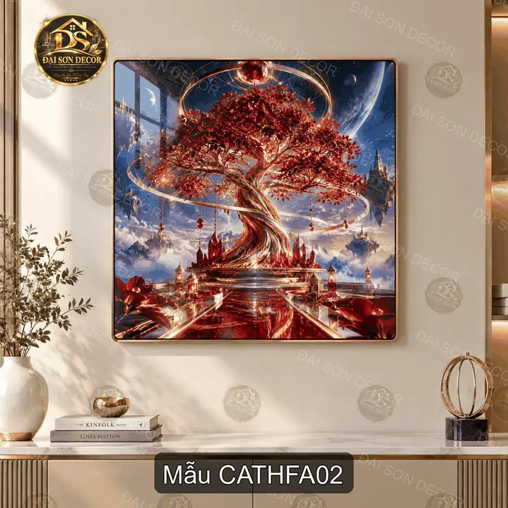 Tranh tráng gương Cây thần fantasy phong cảnh núi hồ decor phòng khách quà tặng mẫu CATHFA01