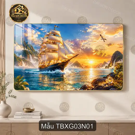 Tranh tráng gương Thuận buồm xuôi gió 003 thuyền buồm vượt sóng decor phòng khách