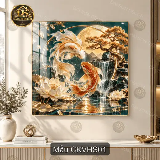 Tranh tráng gương cá koi và hoa sen decor phòng khách phong thủy