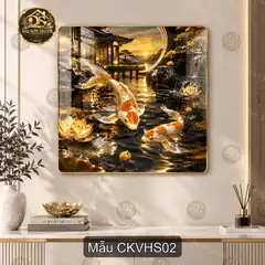 Tranh tráng gương cá koi và hoa sen decor phòng khách phong thủy