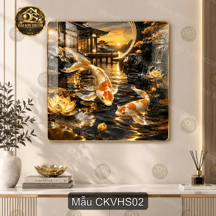 Tranh tráng gương cá koi và hoa sen decor phòng khách phong thủy