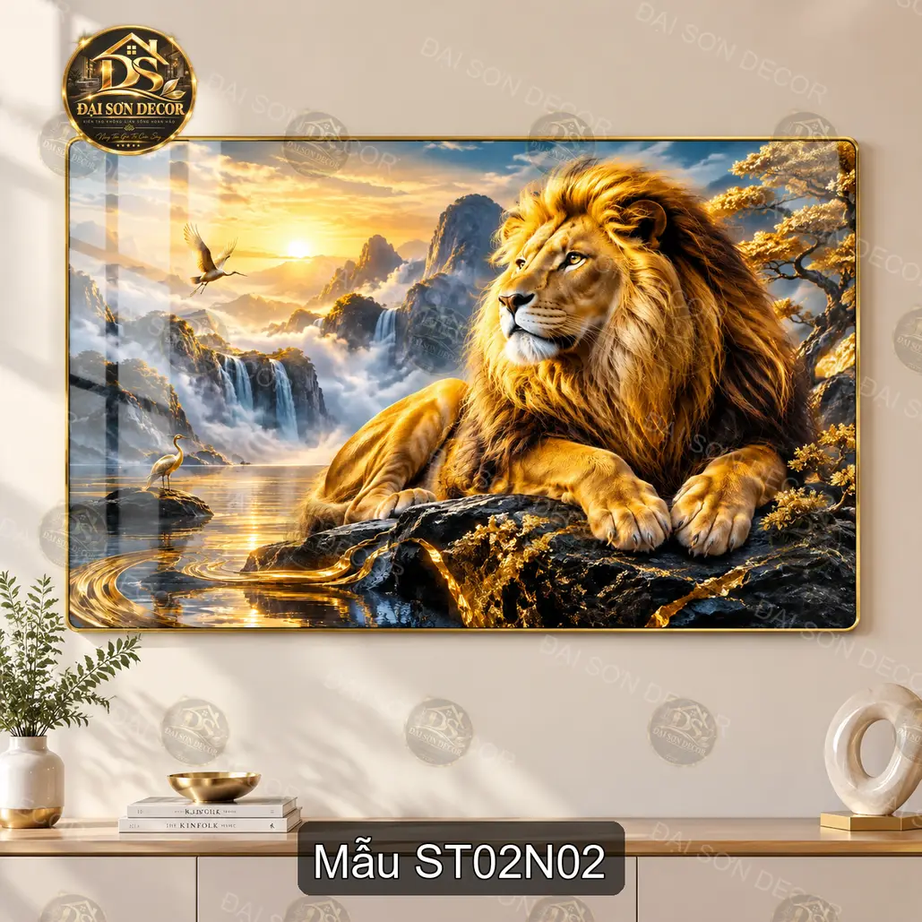 Tranh tráng gương sư tử 002 phong cảnh núi non hùng vĩ decor phòng khách sang trọng