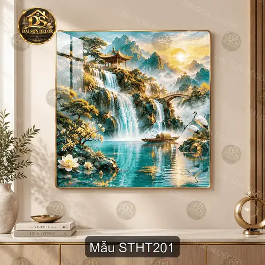 Tranh tráng gương vuông Sơn thủy hữu tình 2 treo tường trang trí phòng khách