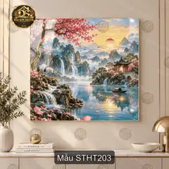 Tranh tráng gương vuông Sơn thủy hữu tình 2 treo tường trang trí phòng khách