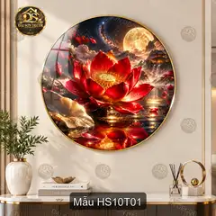 Tranh tròn hoa sen đỏ HS10T01 tráng gương cảnh hồ sen trăng vàng decor phòng khách