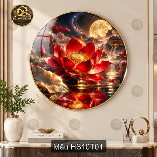 Tranh tròn hoa sen đỏ HS10T01 tráng gương cảnh hồ sen trăng vàng decor phòng khách