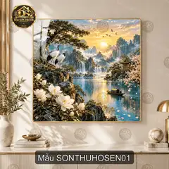Tranh tráng gương vuông sơn thủy hồ sen phong cảnh thiên nhiên trang trí phòng khách