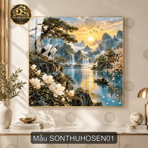 Tranh tráng gương vuông sơn thủy hồ sen phong cảnh thiên nhiên trang trí phòng khách