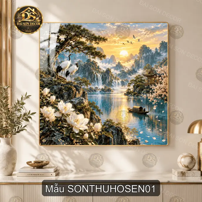 Tranh tráng gương vuông sơn thủy hồ sen phong cảnh thiên nhiên trang trí phòng khách