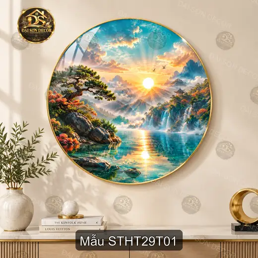 Tranh tròn tráng gương Sơn thủy hữu tình 029 núi hồ bình minh decor phòng khách