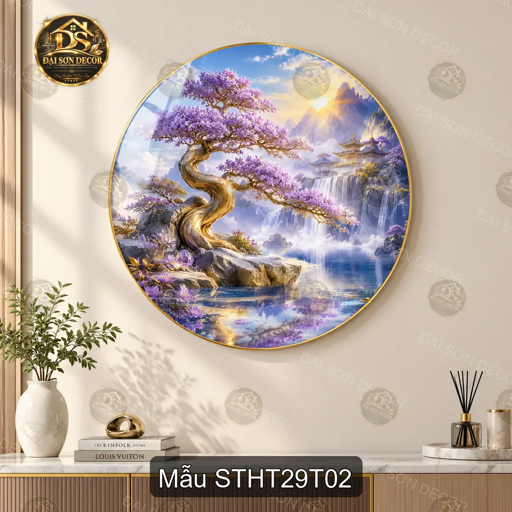 Tranh tròn tráng gương Sơn thủy hữu tình 029 núi hồ bình minh decor phòng khách