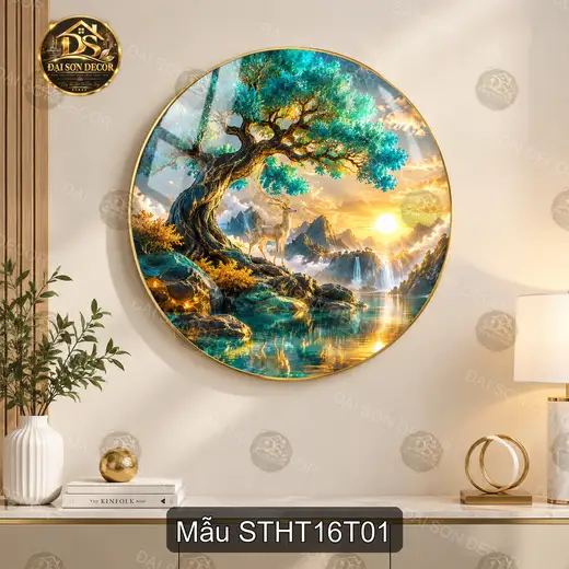 Tranh tròn tráng gương Sơn thủy hữu tình 016 nai dưới tán cây treo tường phòng khách