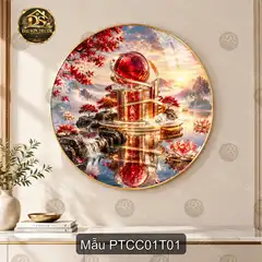 Tranh tráng gương tròn phong thủy cao cấp cảnh hồ sen núi non nghệ thuật decor phòng khách