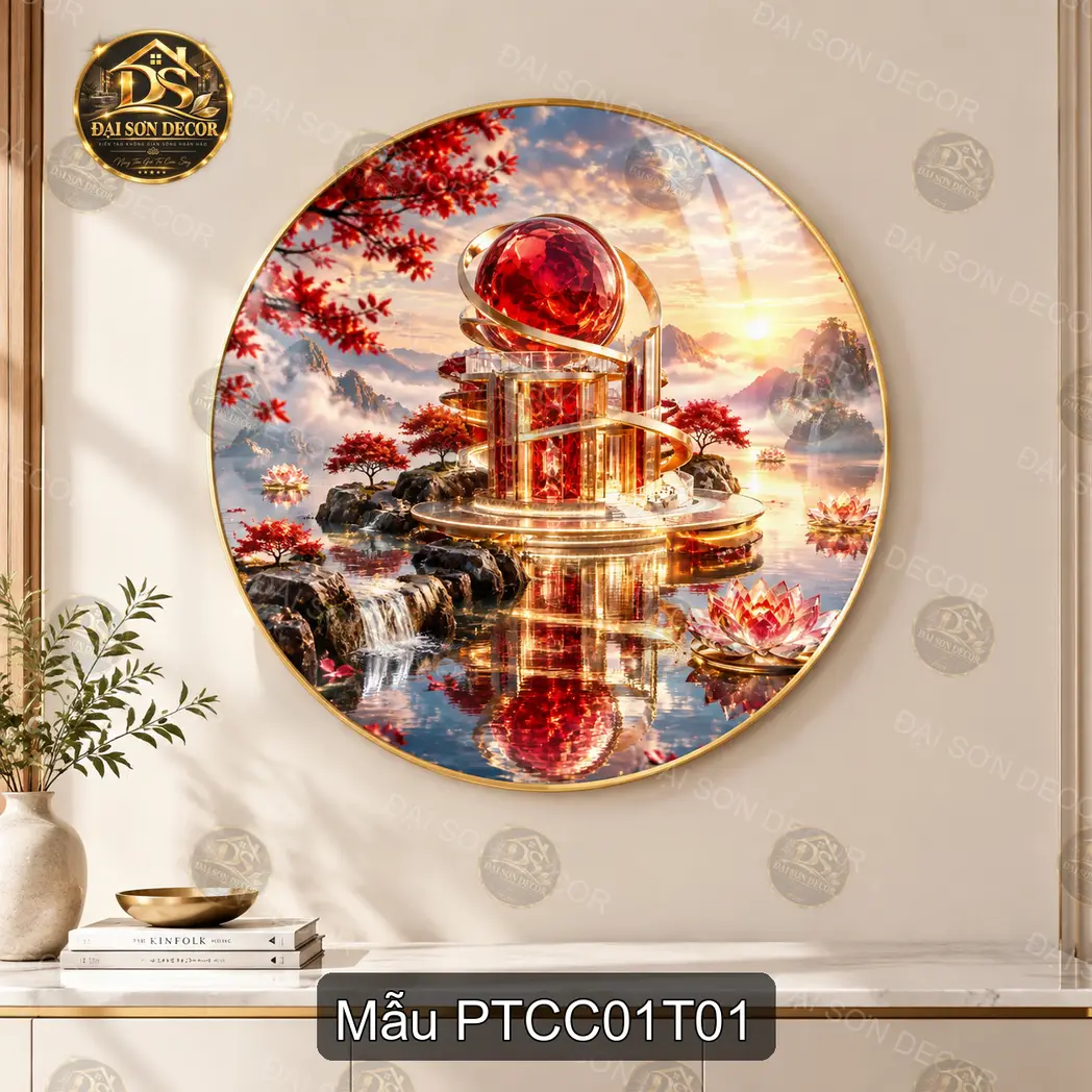 Tranh tráng gương tròn phong thủy cao cấp cảnh hồ sen núi non nghệ thuật decor phòng khách