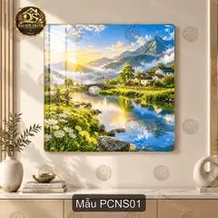 Tranh phong cảnh núi sông tráng gương vuông PCNS01 trang trí phòng khách