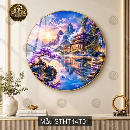 Tranh tráng gương tròn Sơn thủy hữu tình 014 núi non chùa cổ decor phòng khách quà tặng