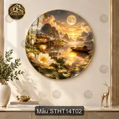 Tranh tráng gương tròn Sơn thủy hữu tình 014 núi non chùa cổ decor phòng khách quà tặng