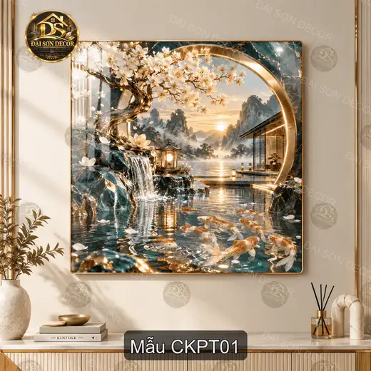 Tranh tráng gương cá koi phong thủy thác nước sơn thủy treo tường phòng khách