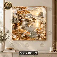 Tranh tráng gương cá koi phong thủy thác nước sơn thủy treo tường phòng khách