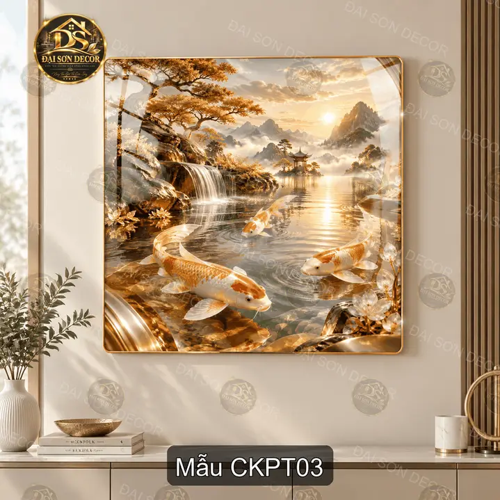 Tranh tráng gương cá koi phong thủy thác nước sơn thủy treo tường phòng khách