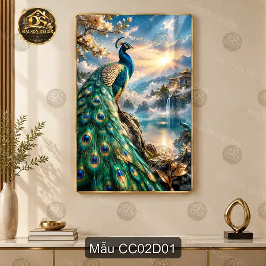 Tranh tráng gương Chim công 002 phong cách hiện đại treo tường decor phòng khách sáng đẹp
