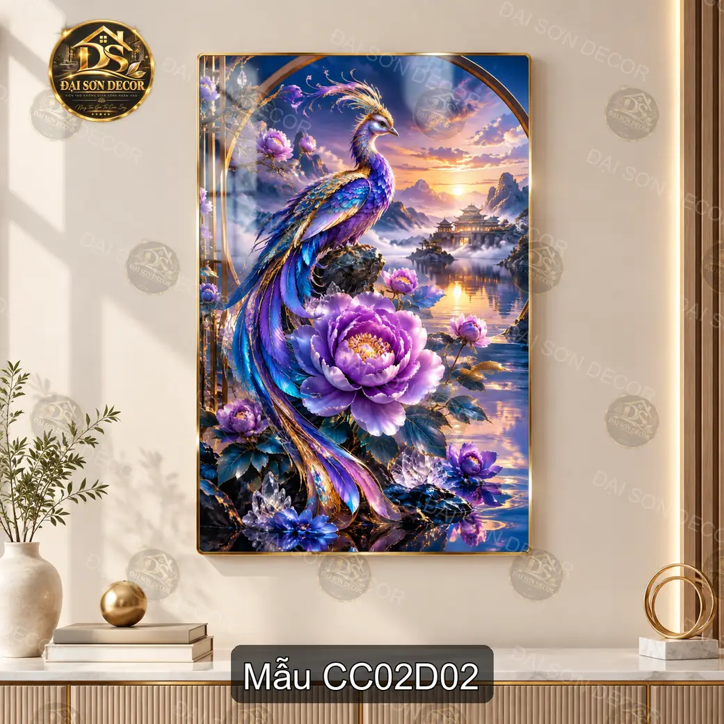 Tranh tráng gương Chim công 002 phong cách hiện đại treo tường decor phòng khách sáng đẹp