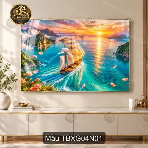 Tranh tráng gương Thuận buồm xuôi gió 004 thuyền biển hoàng hôn sang trọng decor phòng khách