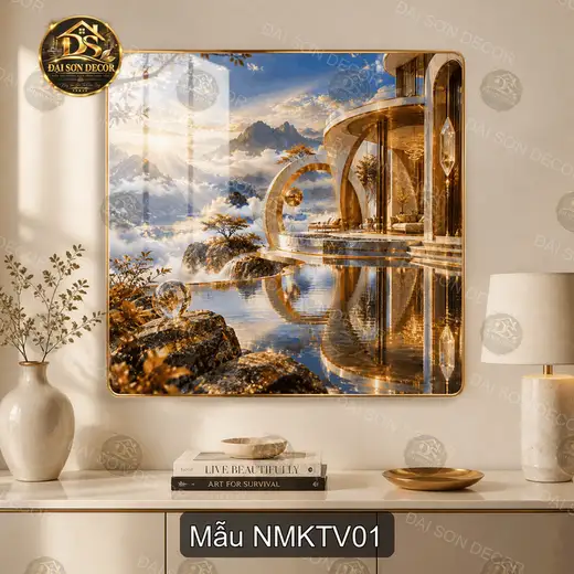 Tranh tráng gương núi mây kiến trúc vàng vuông decor phòng khách sang trọng