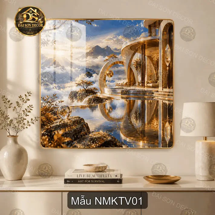 Tranh tráng gương núi mây kiến trúc vàng vuông decor phòng khách sang trọng