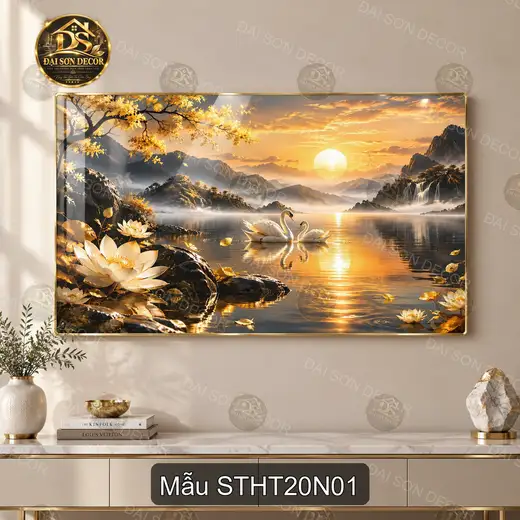 Tranh tráng gương sơn thủy hữu tình 020 hồ sen đôi thiên nga decor phòng khách