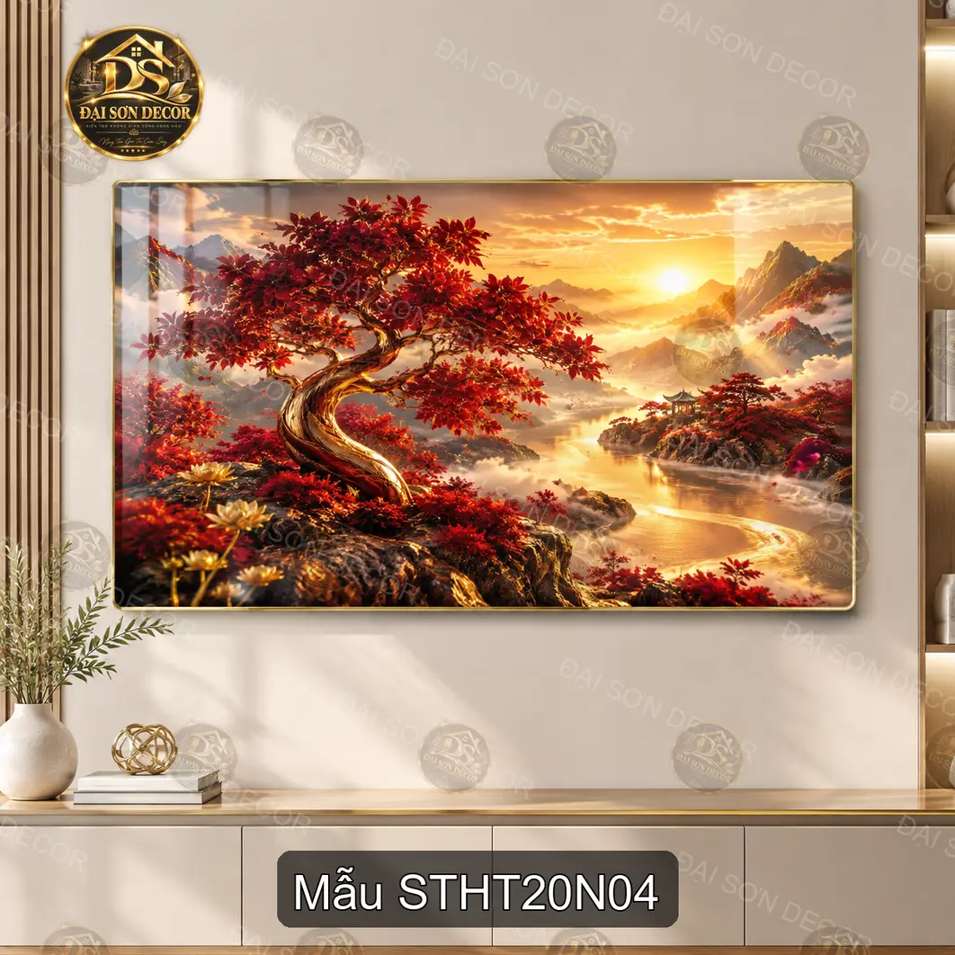 Tranh tráng gương sơn thủy hữu tình 020 hồ sen đôi thiên nga decor phòng khách