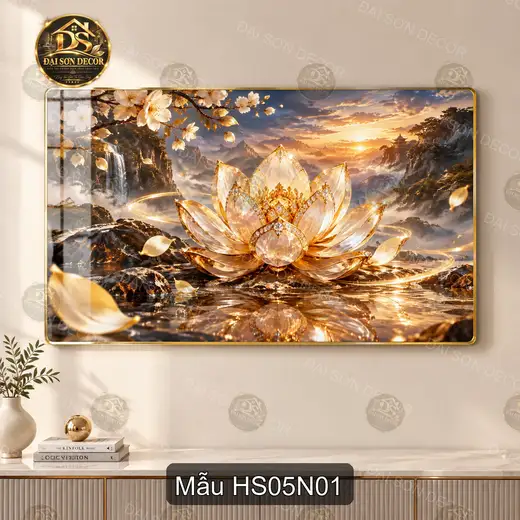Tranh tráng gương Hoa sen 005 cao cấp sang trọng decor phòng khách dễ phối nội thất