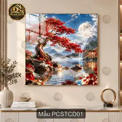 Tranh tráng gương phong cảnh sơn thủy cây đỏ thư pháp vuông trang trí phòng khách