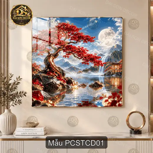 Tranh tráng gương phong cảnh sơn thủy cây đỏ thư pháp vuông trang trí phòng khách