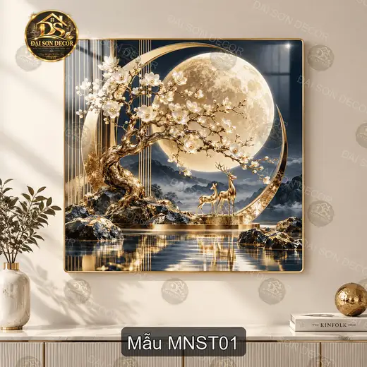 Tranh tráng gương Mai nở sơn thủy phong cảnh trăng vàng decor phòng khách quà tặng