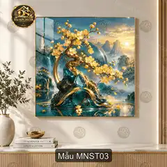 Tranh tráng gương Mai nở sơn thủy phong cảnh trăng vàng decor phòng khách quà tặng
