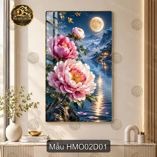 Tranh tráng gương Hoa mẫu đơn 002 phong cảnh sơn thủy dọc decor phòng khách