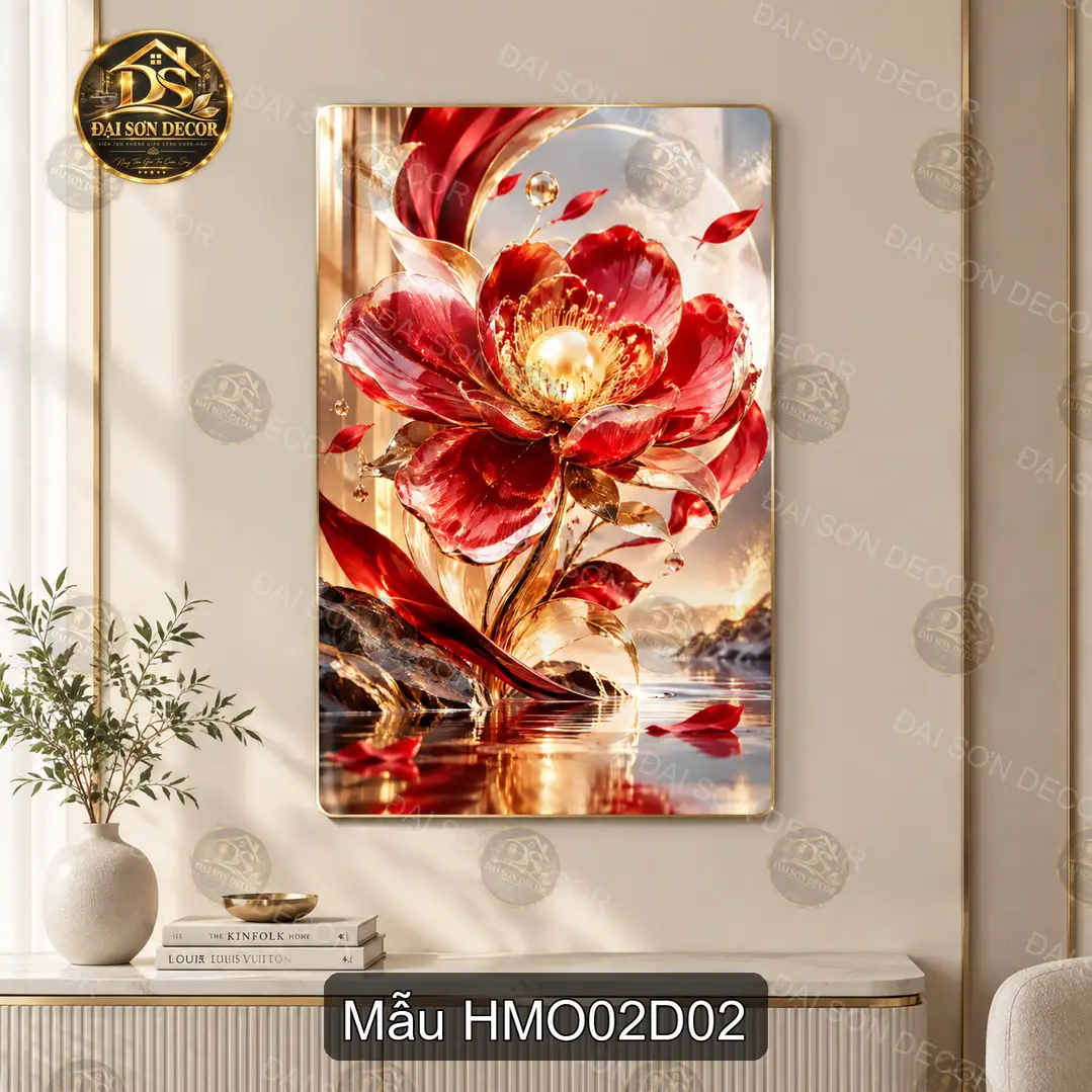 Tranh tráng gương Hoa mẫu đơn 002 phong cảnh sơn thủy dọc decor phòng khách