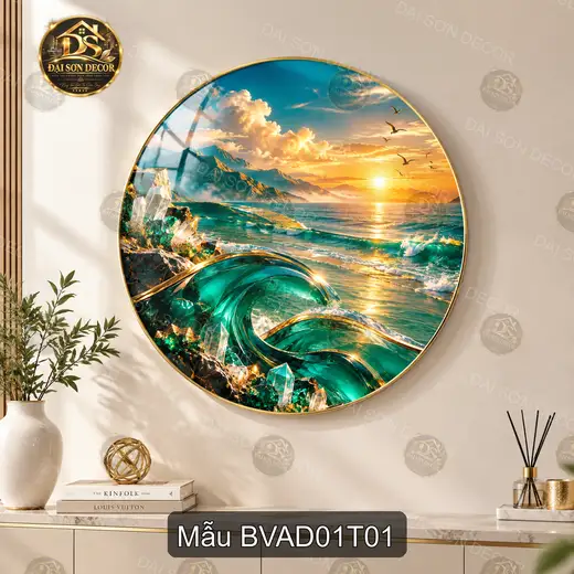 Tranh tròn tráng gương Biển và đại dương 001 sang trọng decor phòng khách