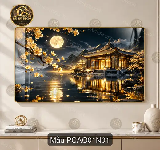 Tranh tráng gương Phong cảnh Á Đông đình cổ bên hồ trăng hoa mai decor phòng khách