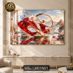 Tranh tráng gương Luxury Modern 001 đỏ vàng hoa đào núi non treo tường hiện đại sáng đẹp