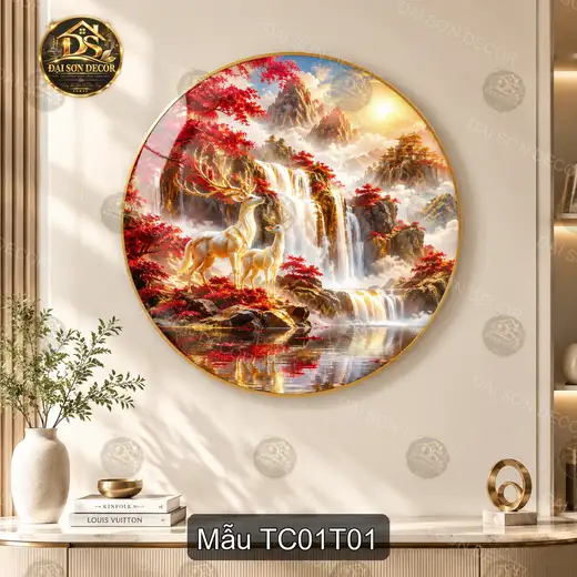 Tranh tròn tráng gương Thành công 001 hươu thác nước phong cảnh sáng đẹp decor tường hiện đại