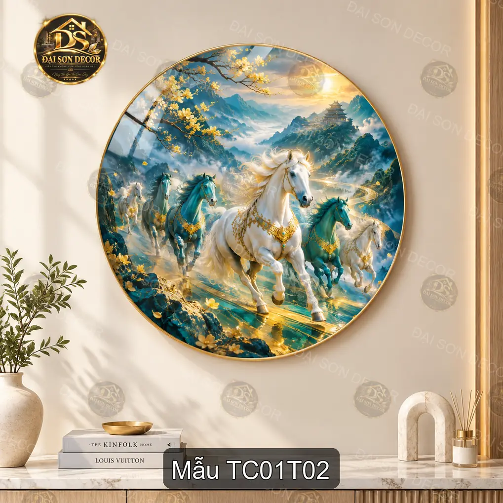 Tranh tròn tráng gương Thành công 001 hươu thác nước phong cảnh sáng đẹp decor tường hiện đại