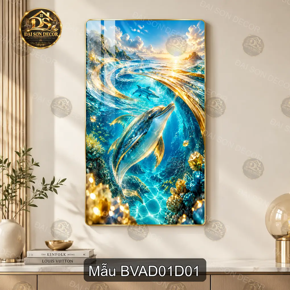 Tranh tráng gương Biển và đại dương cá heo decor phòng khách phòng làm việc