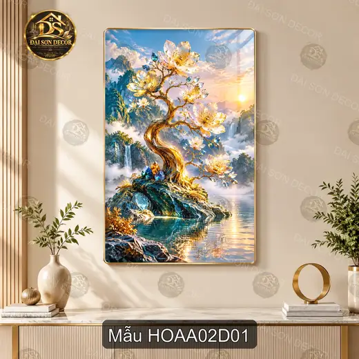 Tranh tráng gương Hoa đào 002 treo dọc hiện đại sáng đẹp trang trí tường phòng khách